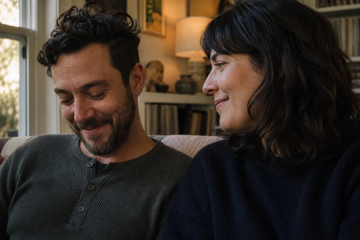 An ENM partner smiling warmly as their partner enjoys a message from another partner
