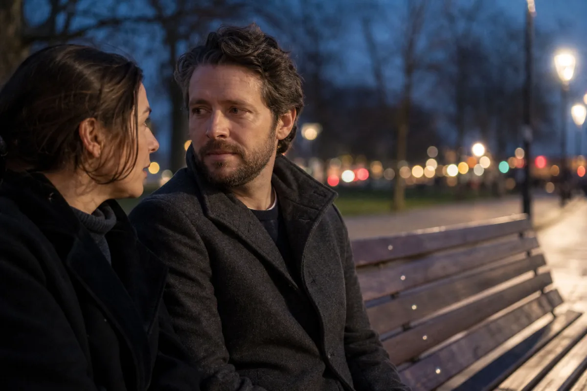 An ENM couple talking on one end of a park bench with open space for other partners