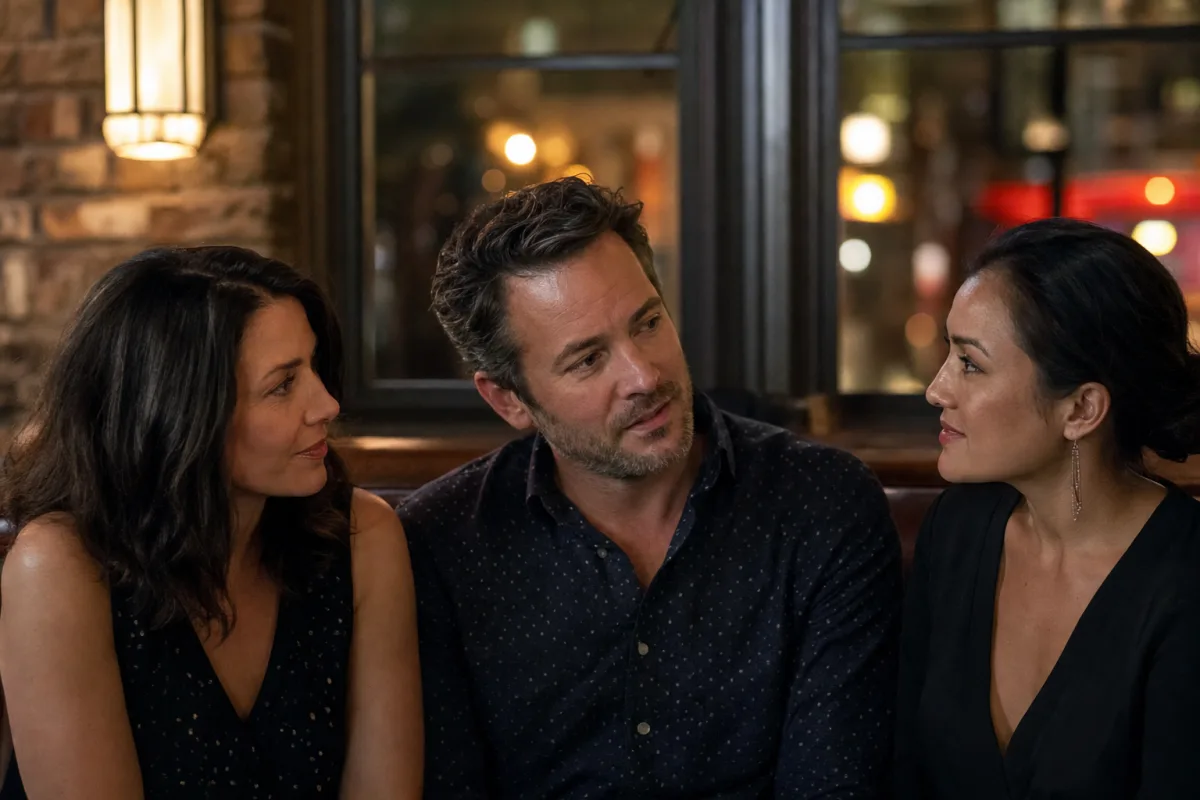 Three adults in an FFM connection, two women and one man, talking as equal partners in a bar booth