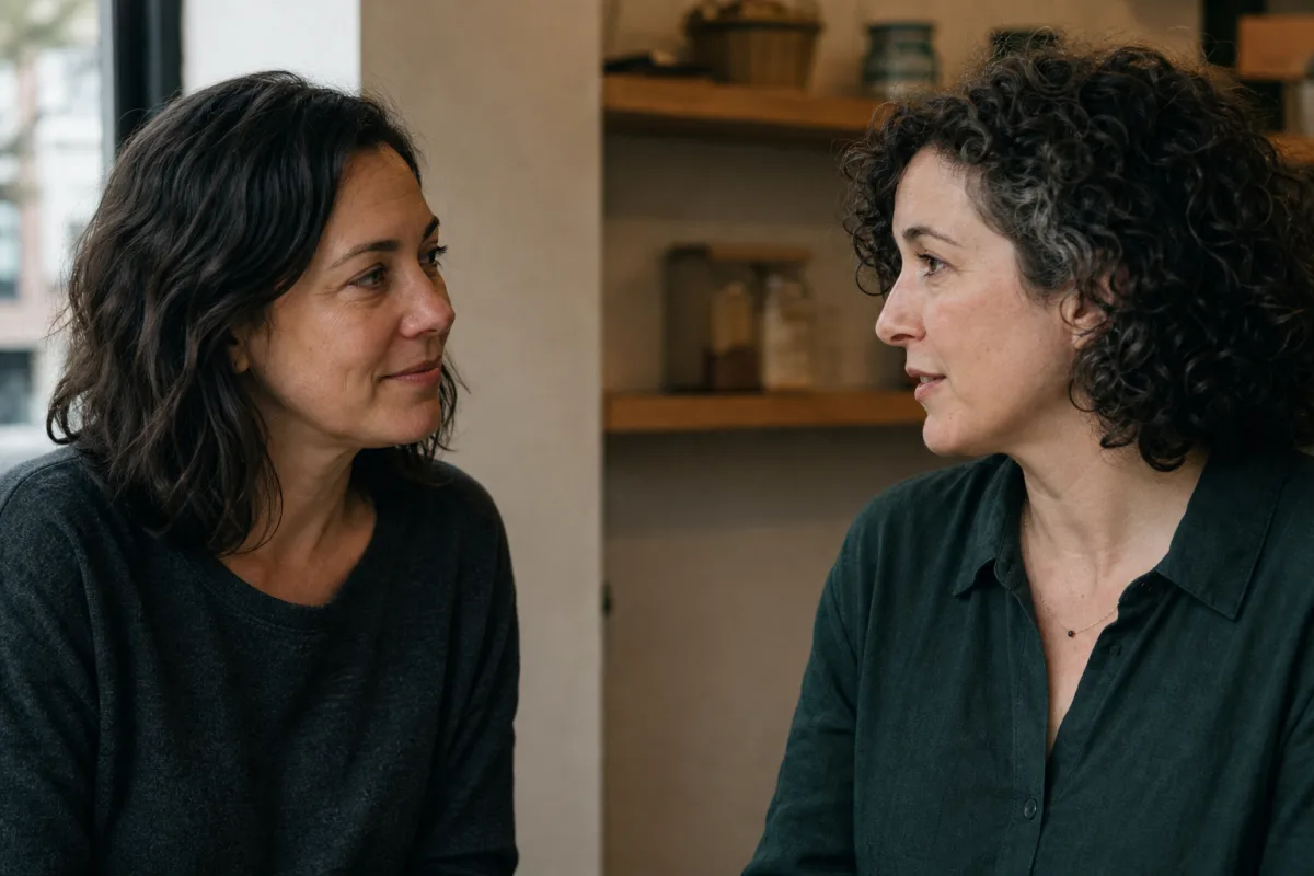 Two adult metamours meeting politely at a cafe because they share the same poly partner
