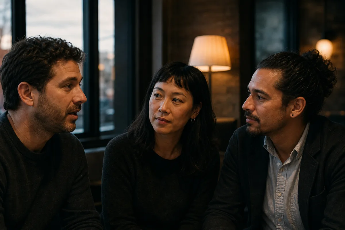 Three adults in an MMF connection, two men and one woman, talking as equal partners in a cafe