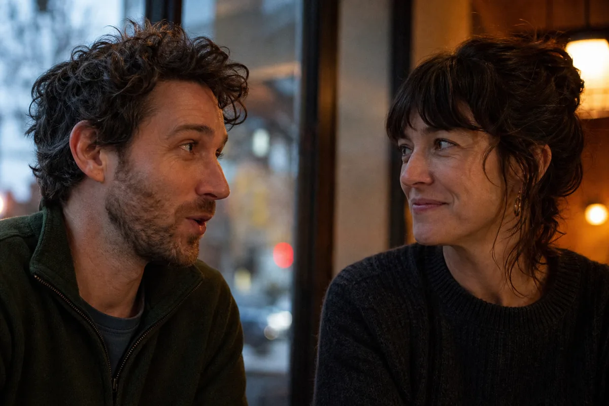 Two adult ENM partners experiencing new relationship energy during an animated cafe conversation