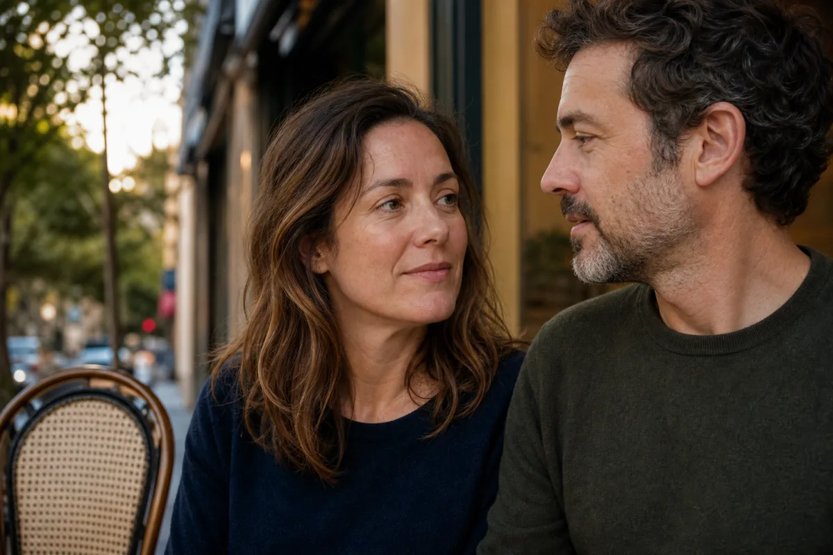 An open-relationship couple sitting together at a sidewalk cafe beside an empty chair for another partner