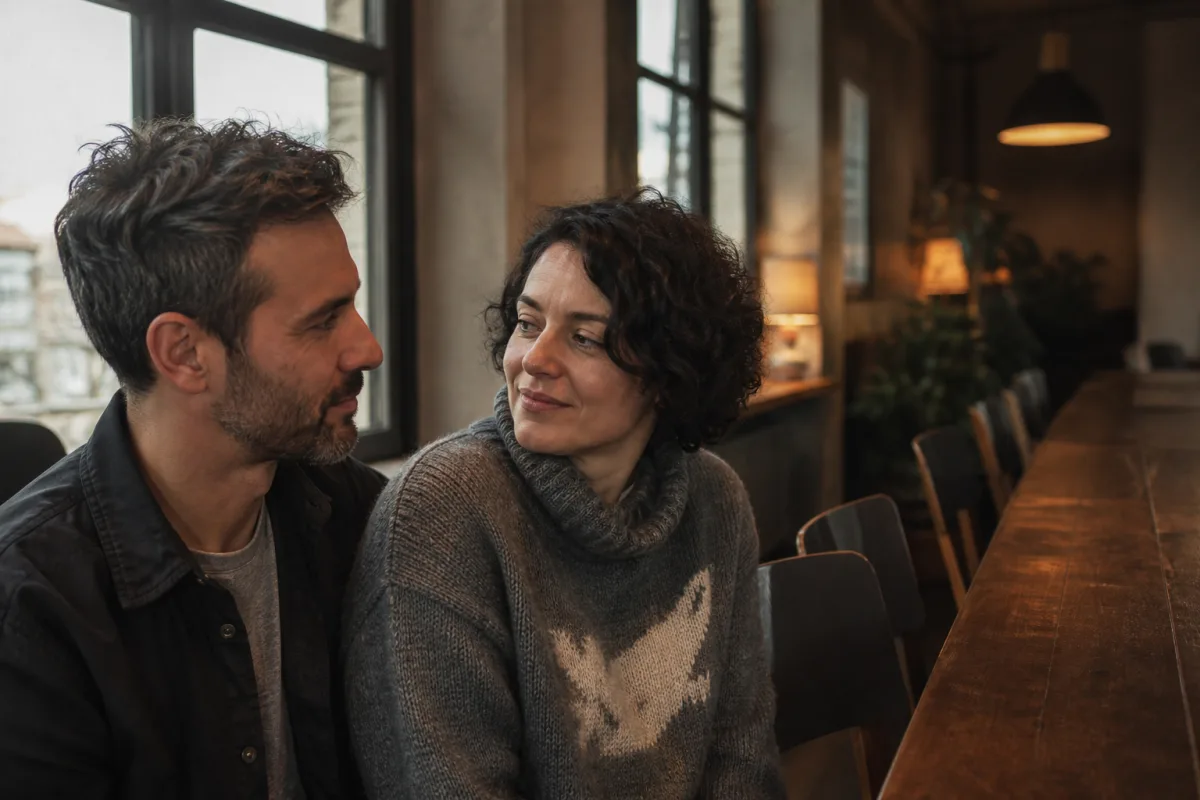 Two poly partners talking at a communal cafe table with open seats for additional partners