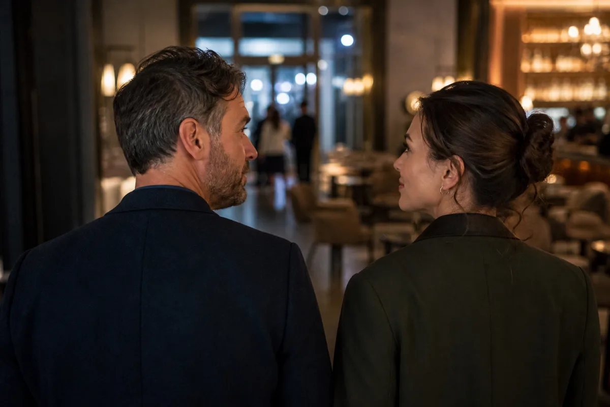 An adult swinger couple arriving together at an ENM social mixer in a city lounge