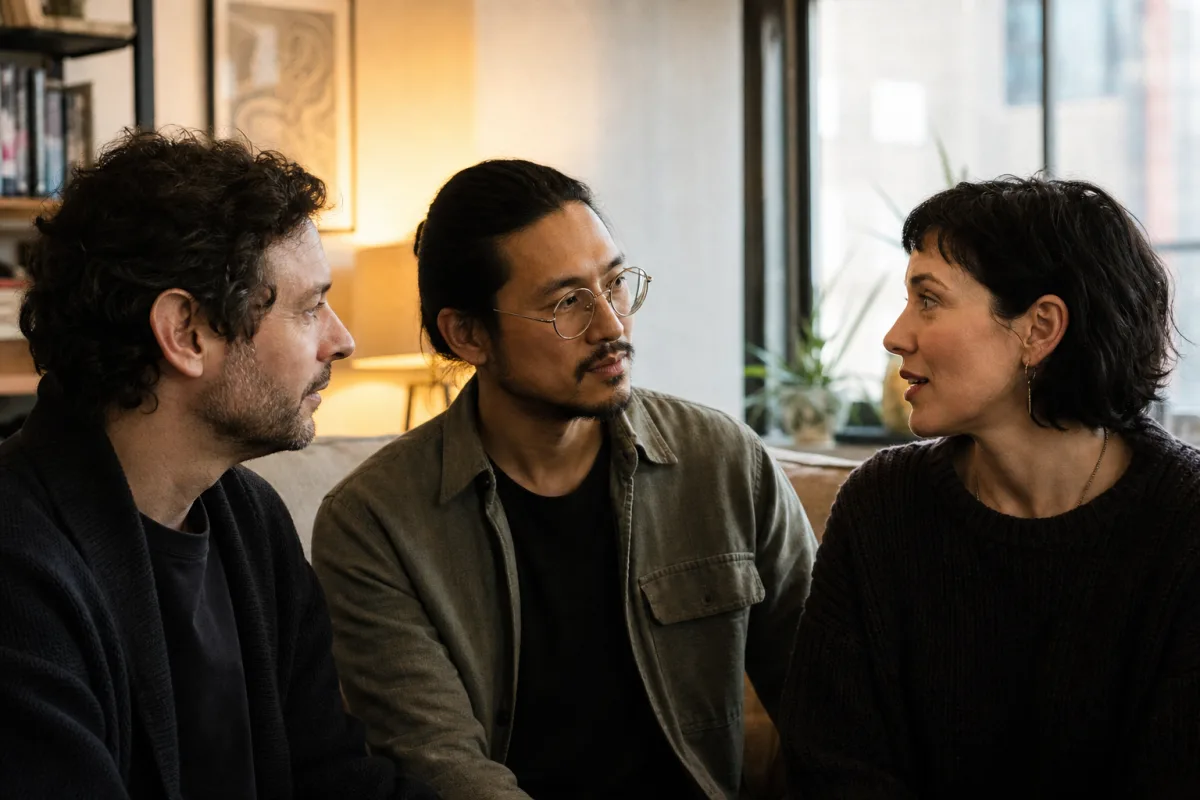 Three adult partners in a throuple sitting together in a living room